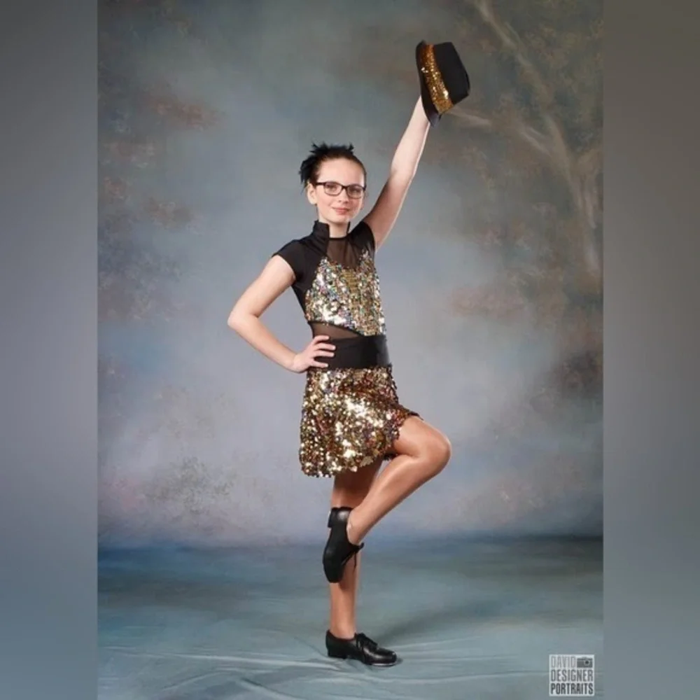 Girls Dance Costume Size Adult Small Black Gold Jazz Tap Contemporary Hip Hop